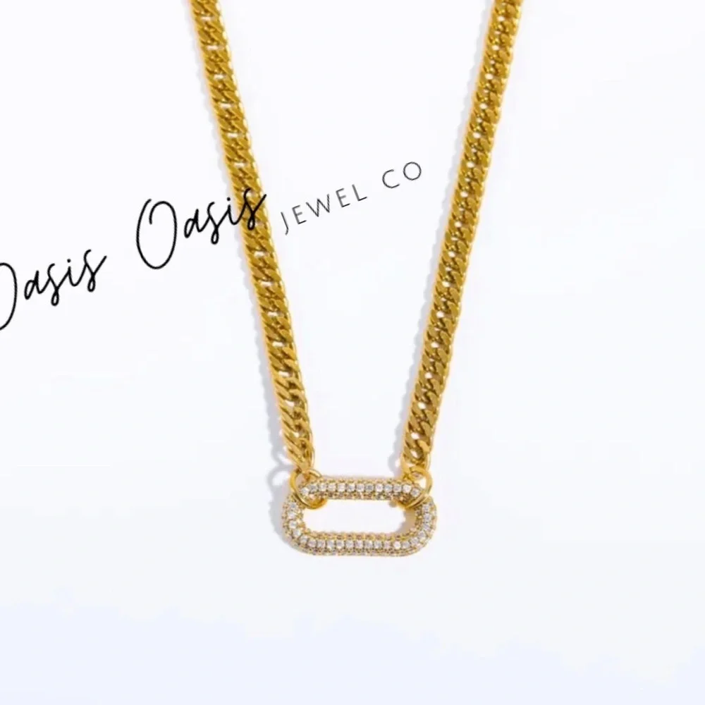 Unisex Gold (White & Green Crystal Stone) Link Chain Necklace - Picture 3 of 6